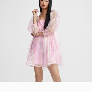 Storia Pink Glitter Mini Dress Puff Sleeves